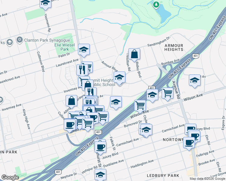 map of restaurants, bars, coffee shops, grocery stores, and more near 63 Westgate Boulevard in Toronto