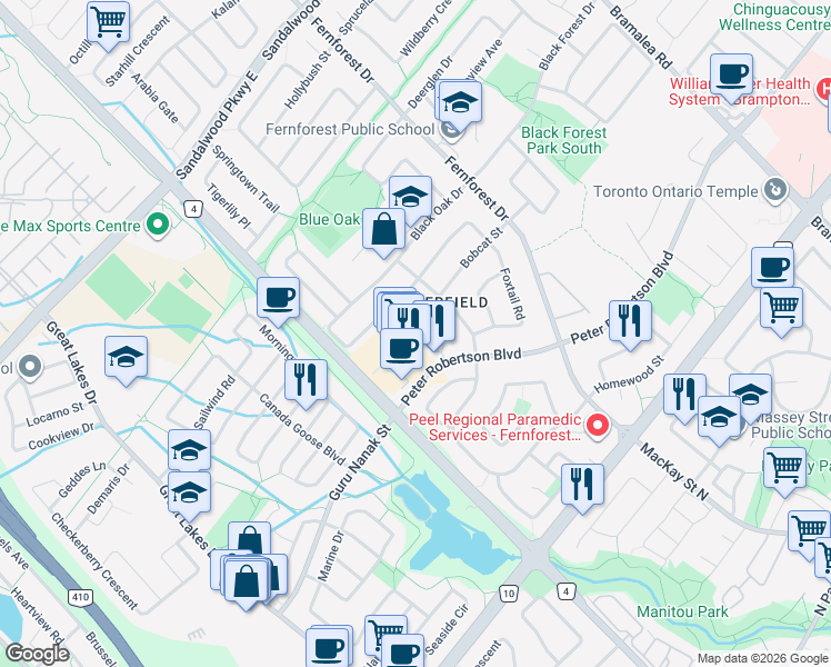 map of restaurants, bars, coffee shops, grocery stores, and more near 26 Amazon Court in Brampton
