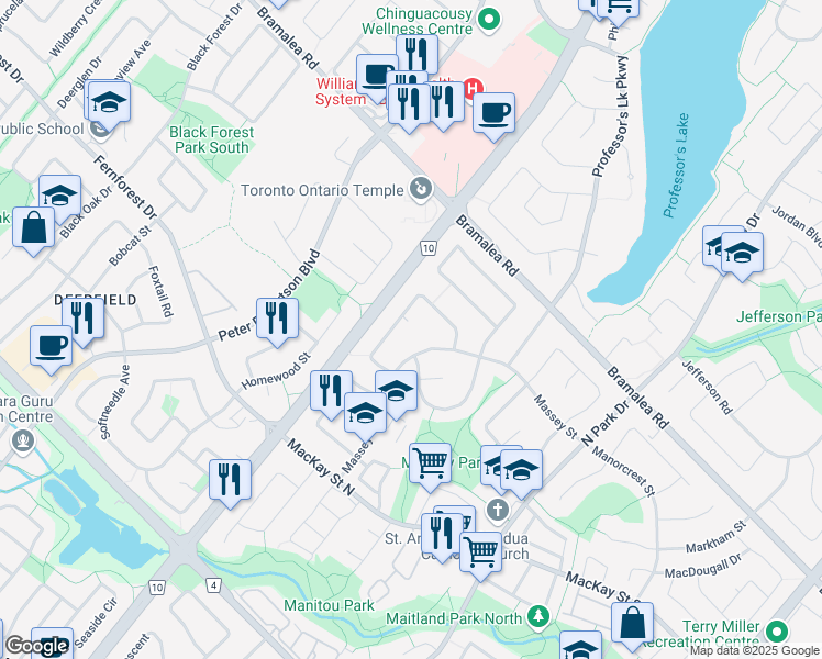 map of restaurants, bars, coffee shops, grocery stores, and more near 2 Minton Place in Brampton