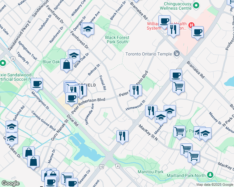 map of restaurants, bars, coffee shops, grocery stores, and more near 159 Fernforest Drive in Brampton