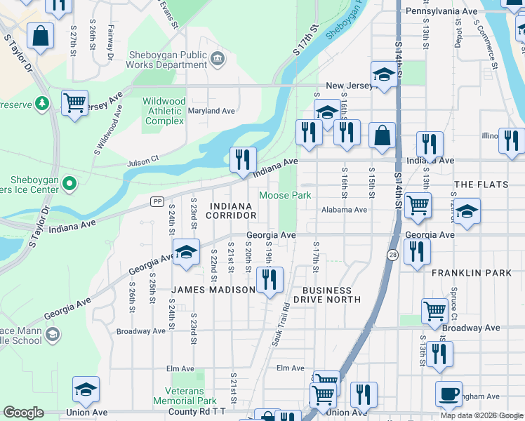 map of restaurants, bars, coffee shops, grocery stores, and more near 1217 South 20th Street in Sheboygan