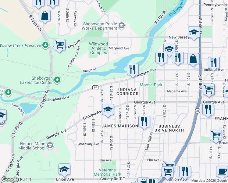 map of restaurants, bars, coffee shops, grocery stores, and more near 2215 Indiana Avenue in Sheboygan