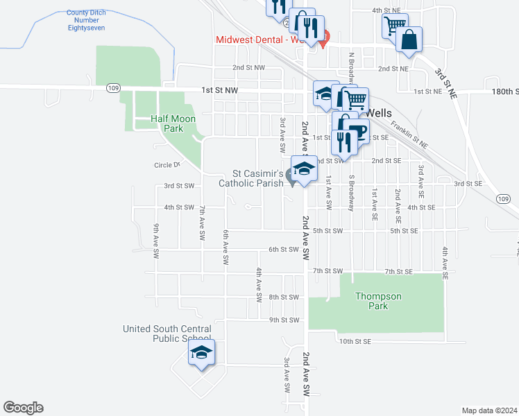 map of restaurants, bars, coffee shops, grocery stores, and more near 320 4th Avenue Southwest in Wells