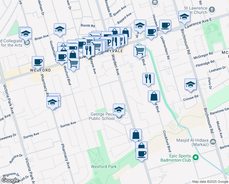 map of restaurants, bars, coffee shops, grocery stores, and more near 25 Babcock Road in Toronto