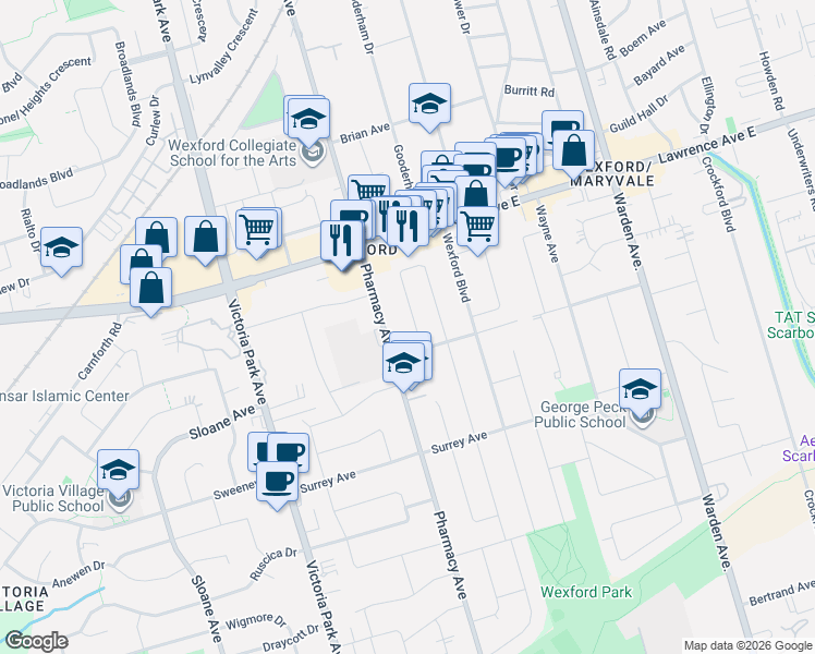 map of restaurants, bars, coffee shops, grocery stores, and more near 18 Courton Drive in Toronto