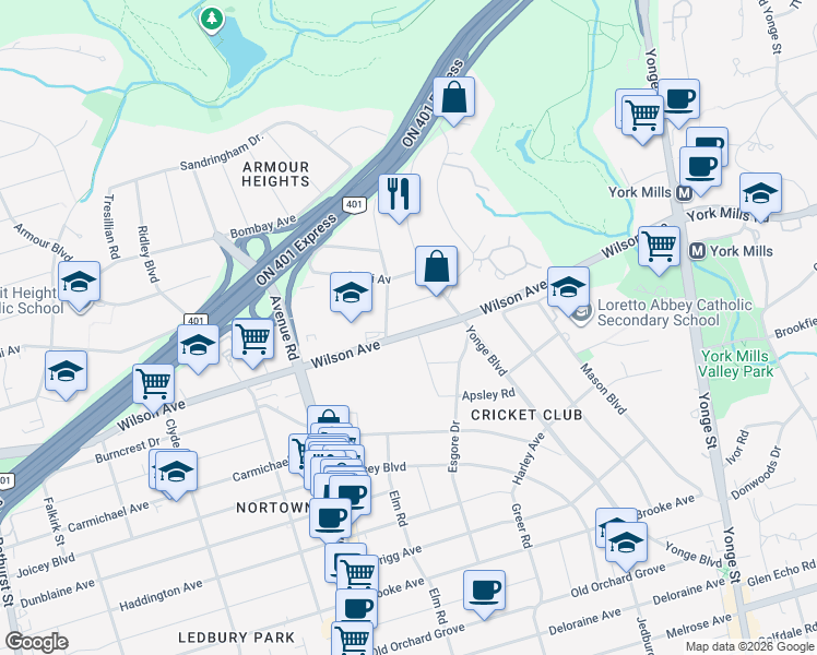 map of restaurants, bars, coffee shops, grocery stores, and more near 118 Wilson Avenue in Toronto