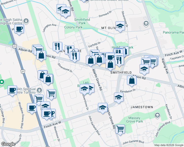 map of restaurants, bars, coffee shops, grocery stores, and more near 2012 Martin Grove Road in Toronto