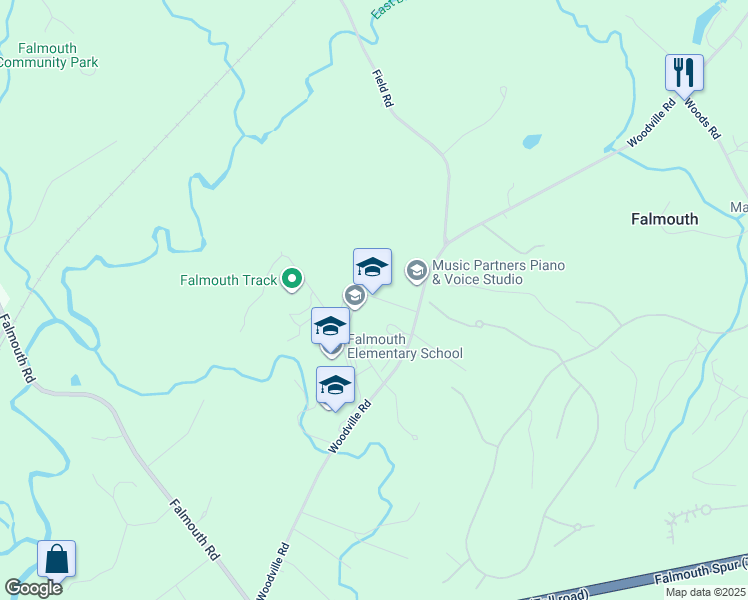 map of restaurants, bars, coffee shops, grocery stores, and more near 74 Woodville Road in Falmouth