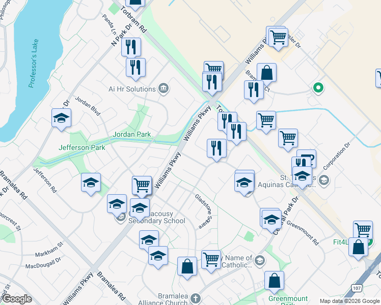 map of restaurants, bars, coffee shops, grocery stores, and more near 23 Grassington Crescent in Brampton