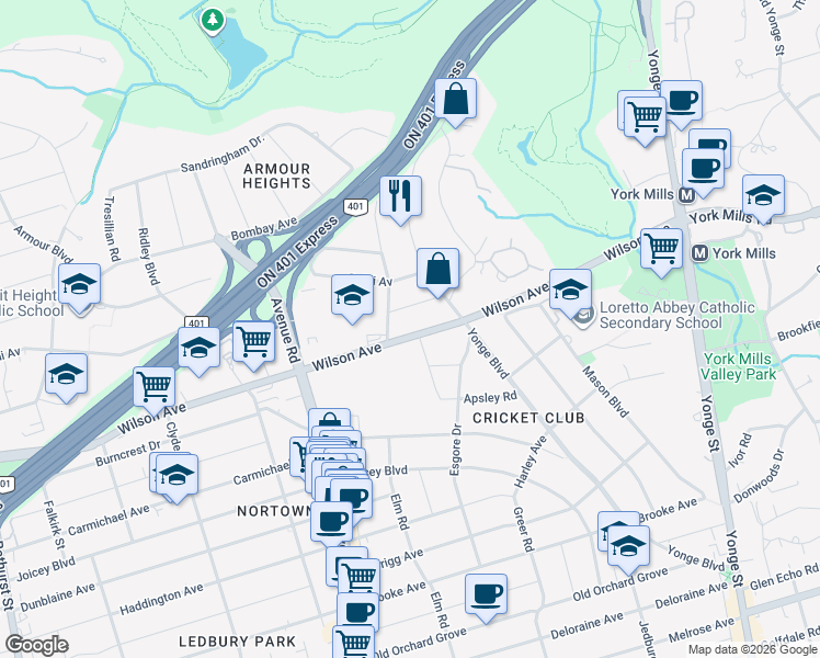 map of restaurants, bars, coffee shops, grocery stores, and more near 118 Wilson Avenue in Toronto