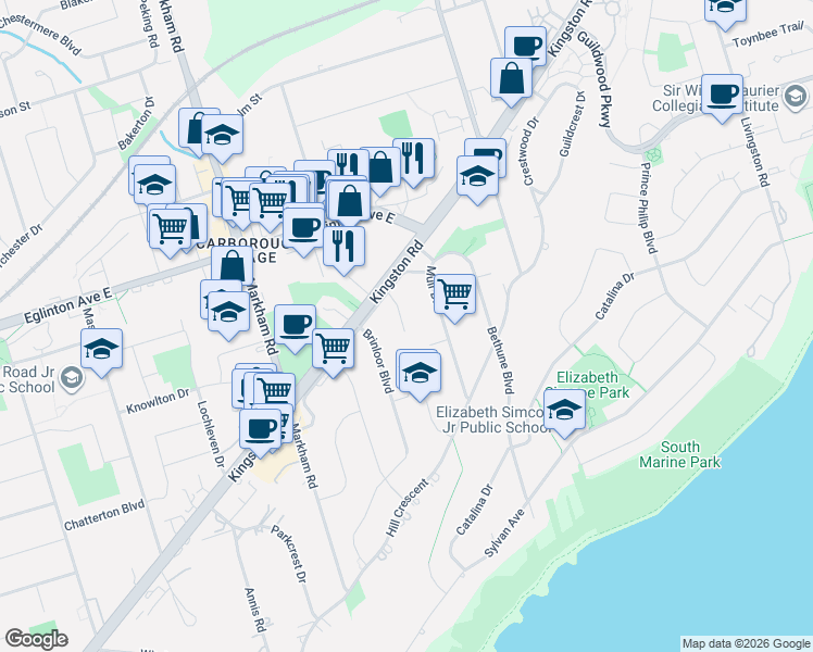 map of restaurants, bars, coffee shops, grocery stores, and more near 3 Kingsmere Crescent in Toronto