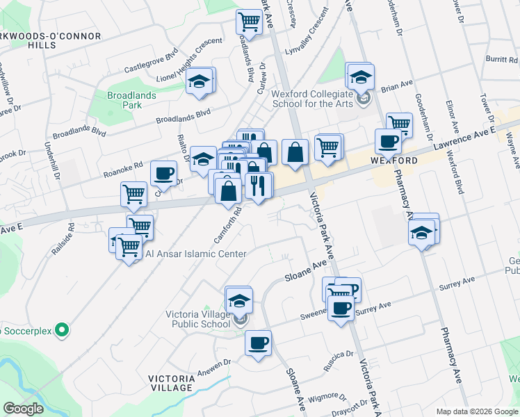 map of restaurants, bars, coffee shops, grocery stores, and more near 1461 Lawrence Avenue East in Toronto