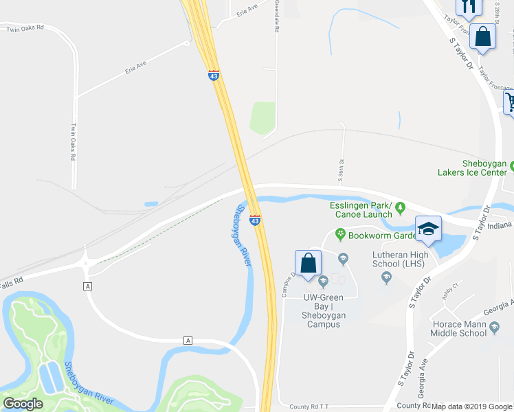 map of restaurants, bars, coffee shops, grocery stores, and more near Interstate 43 in Sheboygan