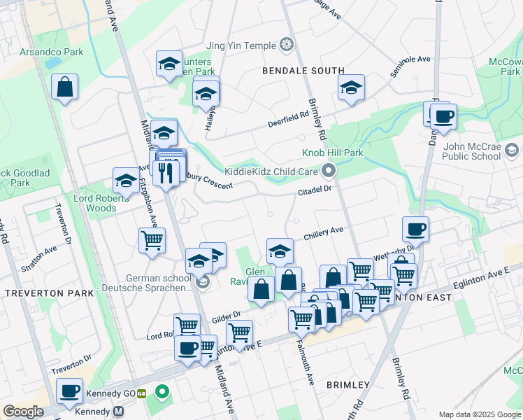 map of restaurants, bars, coffee shops, grocery stores, and more near 87 Stansbury Crescent in Toronto
