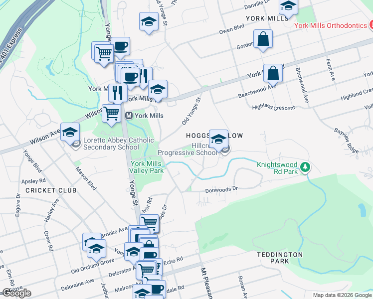 map of restaurants, bars, coffee shops, grocery stores, and more near 27 Brookfield Road in Toronto