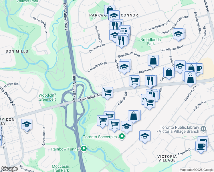 map of restaurants, bars, coffee shops, grocery stores, and more near 10 Roanoke Road in Toronto