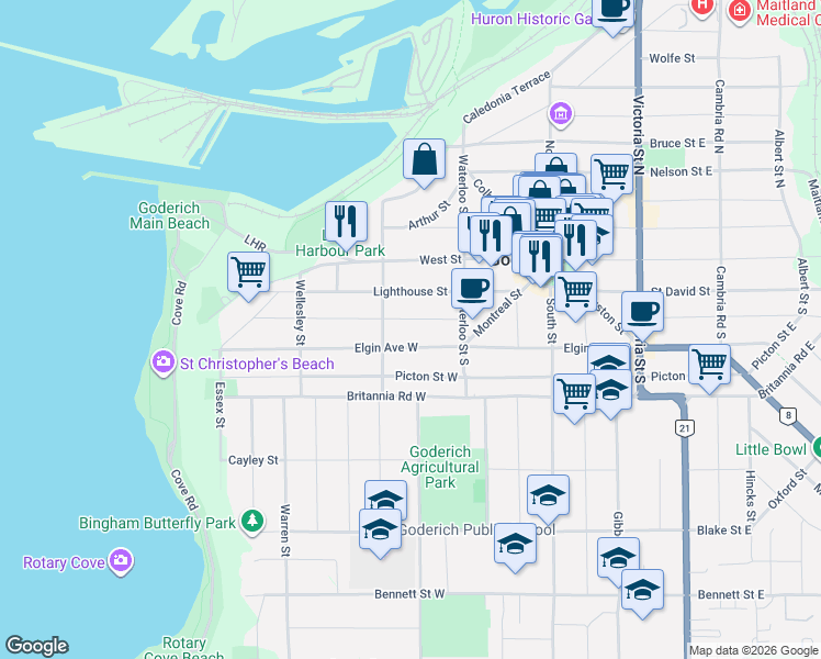 map of restaurants, bars, coffee shops, grocery stores, and more near 122 Quebec Street in Goderich