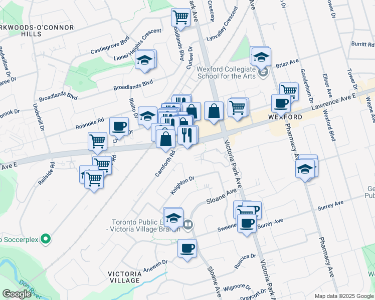 map of restaurants, bars, coffee shops, grocery stores, and more near 1441 Lawrence Avenue East in Toronto