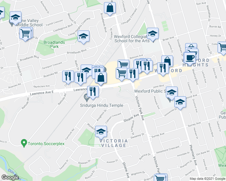 map of restaurants, bars, coffee shops, grocery stores, and more near 1441 Lawrence Avenue East in Toronto