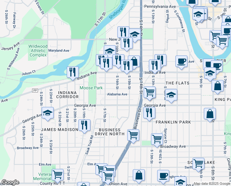 map of restaurants, bars, coffee shops, grocery stores, and more near 1602 Alabama Avenue in Sheboygan
