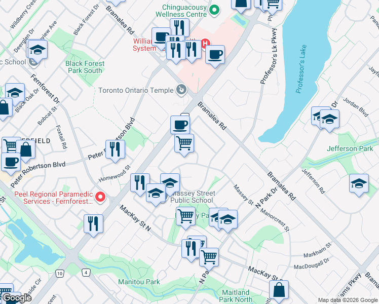 map of restaurants, bars, coffee shops, grocery stores, and more near 12 Marblehead Crescent in Brampton