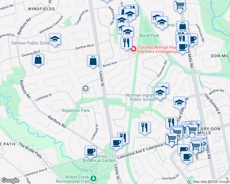 map of restaurants, bars, coffee shops, grocery stores, and more near 3 Bradgate Road in Toronto