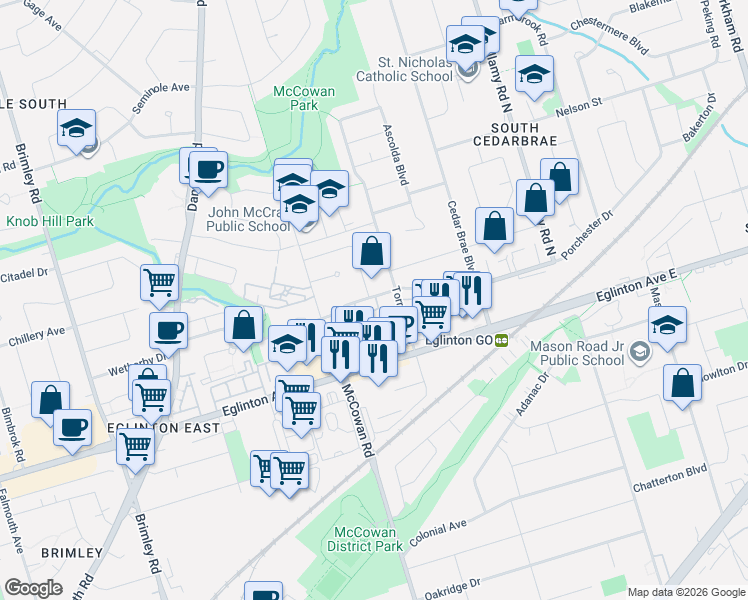 map of restaurants, bars, coffee shops, grocery stores, and more near 175 Trudelle Street in Toronto