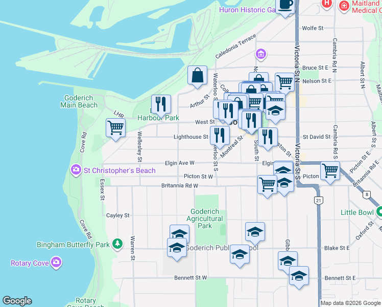 map of restaurants, bars, coffee shops, grocery stores, and more near 117 Quebec Street in Goderich