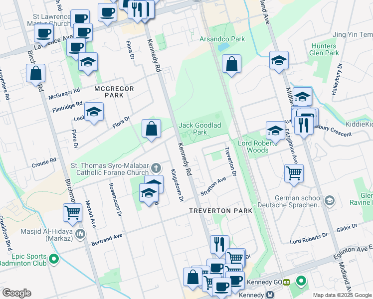 map of restaurants, bars, coffee shops, grocery stores, and more near 926 Kennedy Road in Toronto