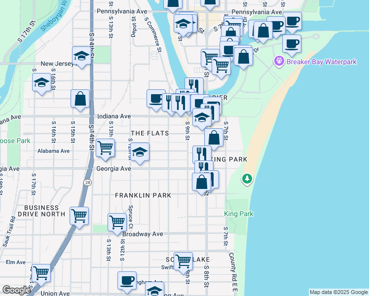 map of restaurants, bars, coffee shops, grocery stores, and more near 924 Alabama Avenue in Sheboygan