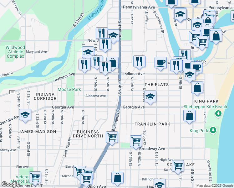 map of restaurants, bars, coffee shops, grocery stores, and more near 1408 Alabama Avenue in Sheboygan