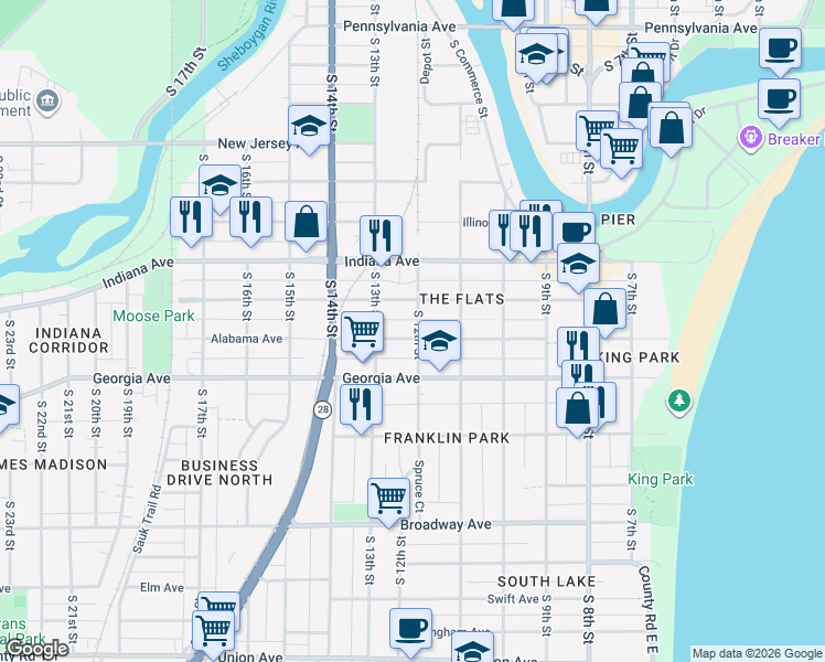 map of restaurants, bars, coffee shops, grocery stores, and more near 1206 Alabama Avenue in Sheboygan