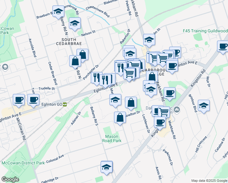 map of restaurants, bars, coffee shops, grocery stores, and more near 3101 Eglinton Avenue East in Toronto