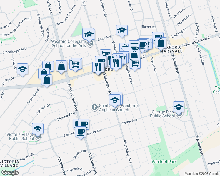 map of restaurants, bars, coffee shops, grocery stores, and more near 1083 Pharmacy Avenue in Toronto