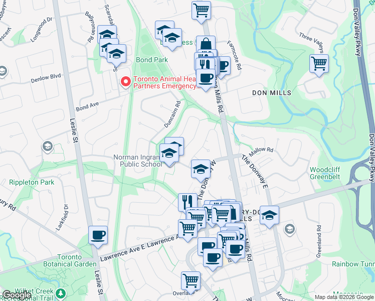 map of restaurants, bars, coffee shops, grocery stores, and more near 90 Berkinshaw Crescent in Toronto