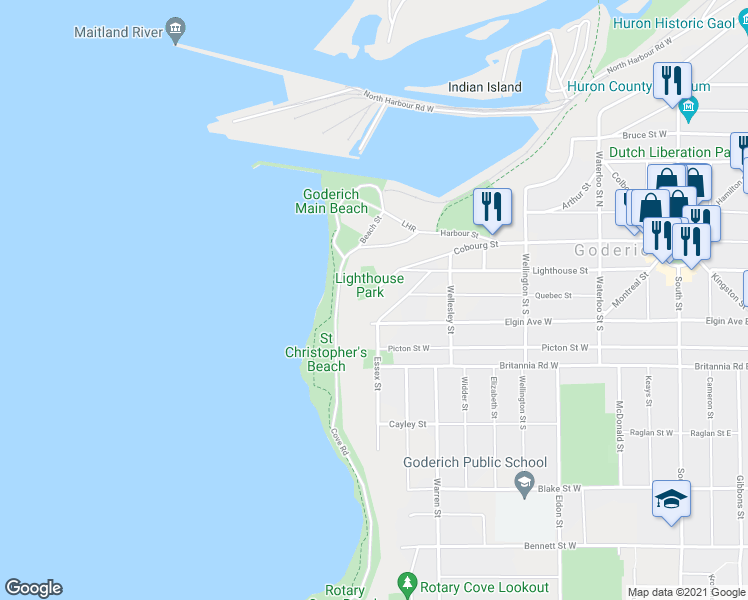 map of restaurants, bars, coffee shops, grocery stores, and more near 281 Cobourg Street in Goderich