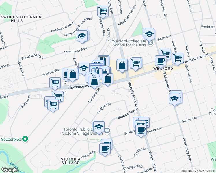 map of restaurants, bars, coffee shops, grocery stores, and more near 1461 Lawrence Avenue East in Toronto