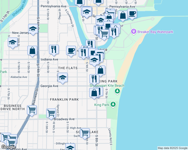 map of restaurants, bars, coffee shops, grocery stores, and more near 819 Kentucky Avenue in Sheboygan
