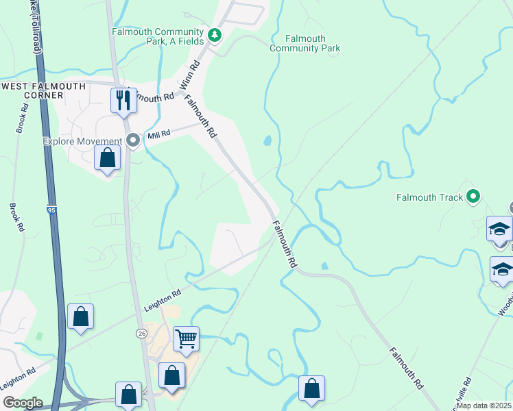 map of restaurants, bars, coffee shops, grocery stores, and more near 350 Falmouth Road in Falmouth