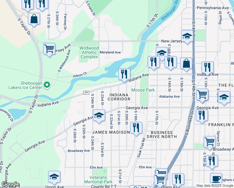 map of restaurants, bars, coffee shops, grocery stores, and more near 1228 South 21st Street in Sheboygan