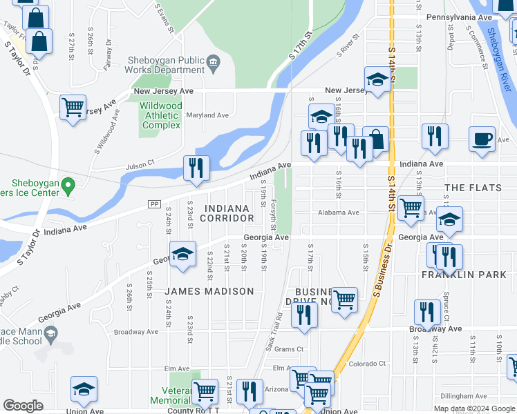 map of restaurants, bars, coffee shops, grocery stores, and more near 1226 South 19th Street in Sheboygan
