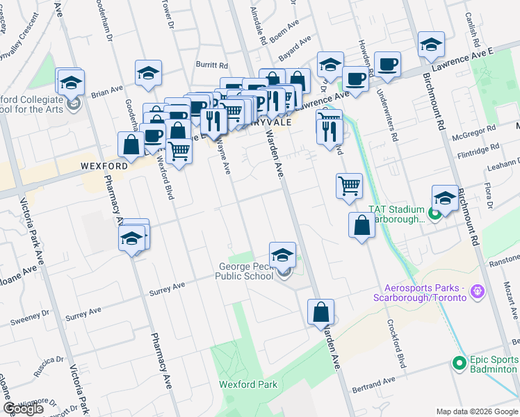 map of restaurants, bars, coffee shops, grocery stores, and more near 32 Babcock Road in Toronto