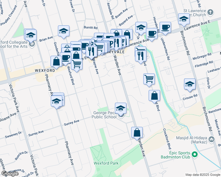 map of restaurants, bars, coffee shops, grocery stores, and more near in Toronto