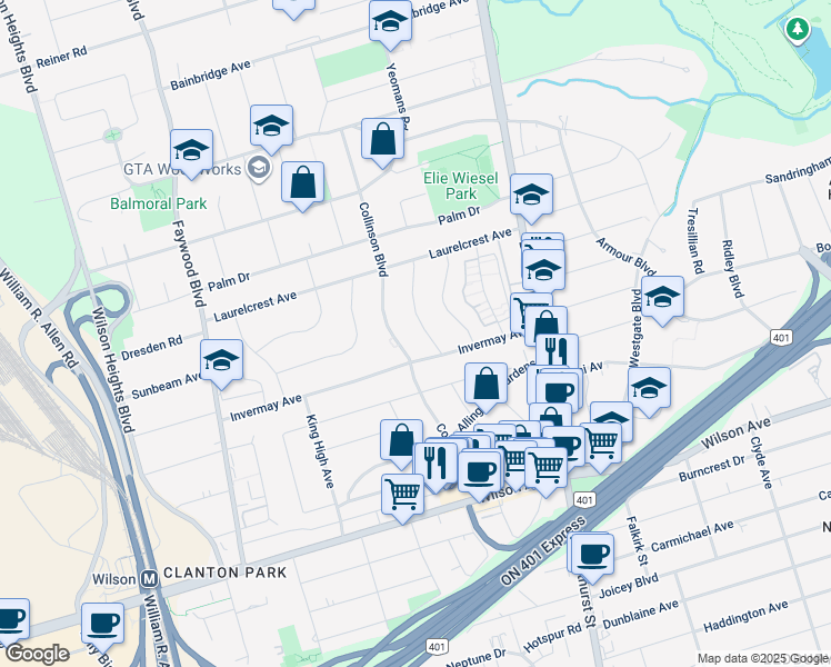 map of restaurants, bars, coffee shops, grocery stores, and more near in Toronto