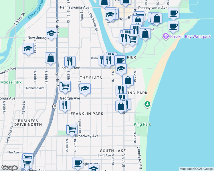 map of restaurants, bars, coffee shops, grocery stores, and more near 924 Alabama Avenue in Sheboygan