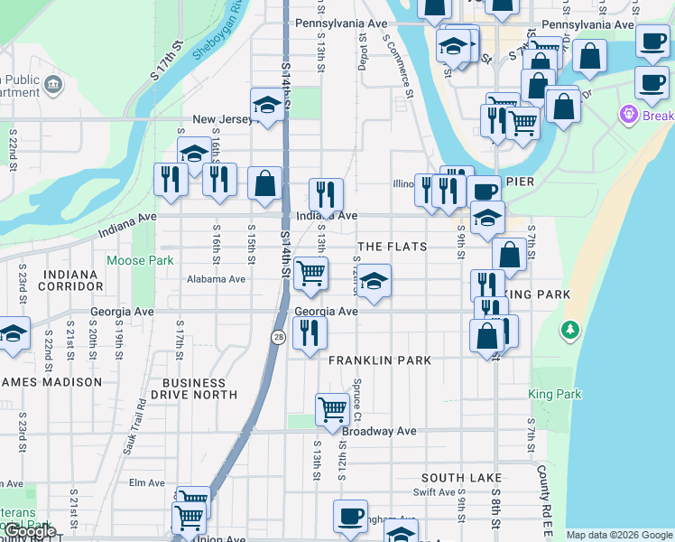 map of restaurants, bars, coffee shops, grocery stores, and more near 1206 Alabama Avenue in Sheboygan
