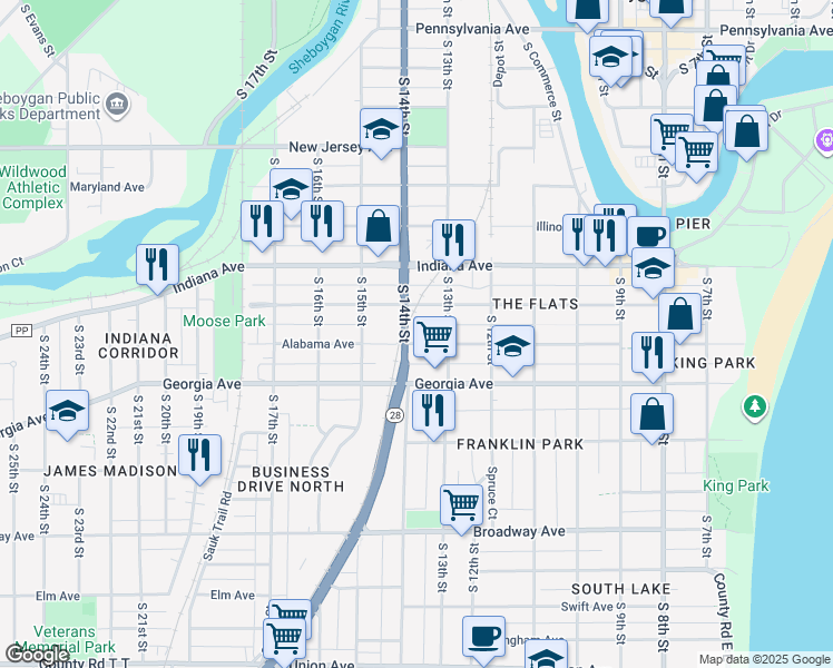 map of restaurants, bars, coffee shops, grocery stores, and more near 1408 Alabama Avenue in Sheboygan