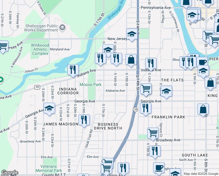 map of restaurants, bars, coffee shops, grocery stores, and more near 1217 South 17th Street in Sheboygan