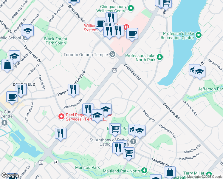 map of restaurants, bars, coffee shops, grocery stores, and more near 8 Minton Place in Brampton