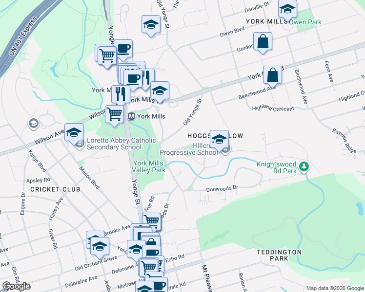 map of restaurants, bars, coffee shops, grocery stores, and more near 22 Brookfield Road in Toronto